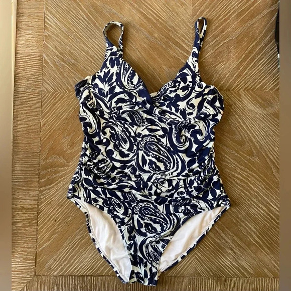 Liz Claiborne Navy & White Paisley & Floral One Piece Swimsuit Size 10 - Picture 1 of 6